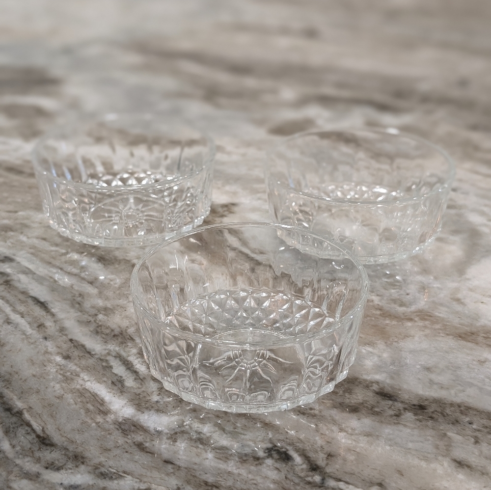 Vintage Arcoroc France Cut Glass Bowls with Diamond Starburst Pattern.
